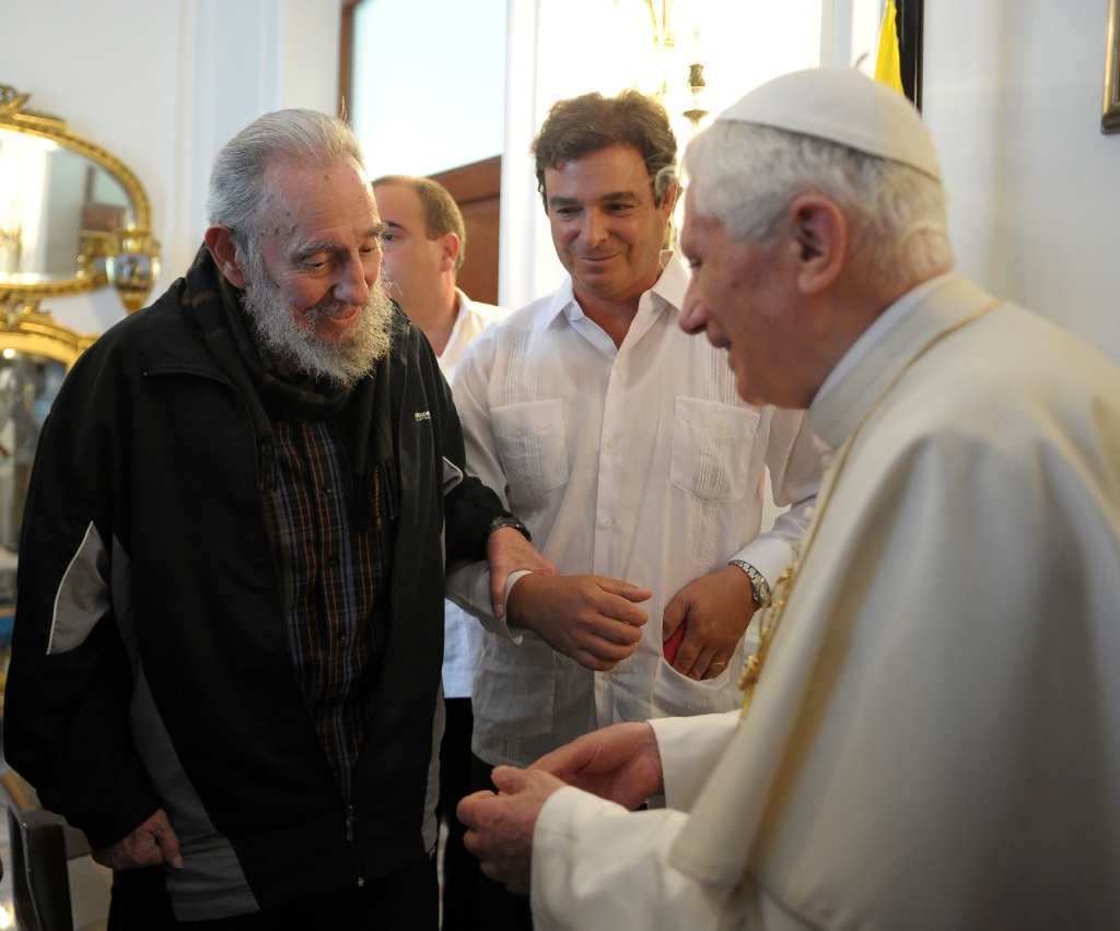 Pope Benedict XVI Makes First Visit To Cuba Pope Benedict XVI meets with former Cuban President Fidel Castro at the Vatican embassy on March 29, 2012 in Havana, Cuba.