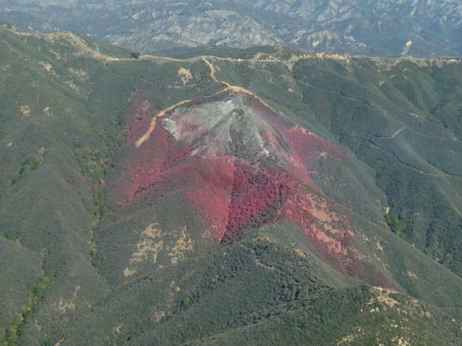 A DC-10 air tanker makes a drop in the foothill above Santa Barbara-Montecito on Thursday, Oct. 29, 2015.