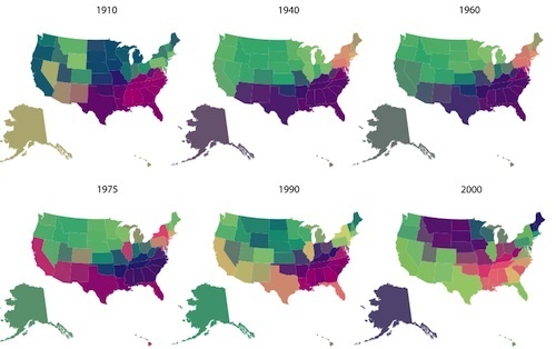 The colors assigned to the states reflect the similarity in their distributions of names.