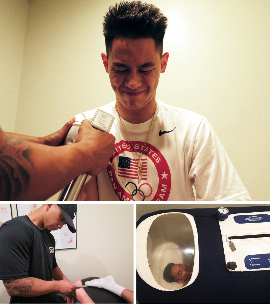 (Top) Shu receives deep muscle stimulation on his right shoulder. (Left) Physical therapist Ryan Reyes scrapes down Shu's Achilles tendon using a metal device called a Graston tool. (Right) Shu rests in a hyperbaric chamber, where he breathes pure oxygen (Top) Shu receives deep muscle stimulation on his right shoulder. (Left) Physical therapist Ryan Reyes scrapes down Shu's Achilles tendon using a metal device called a Graston tool. (Right) Shu rests in a hyperbaric chamber, where he breathes pure oxygen that helps with recovery and performance.