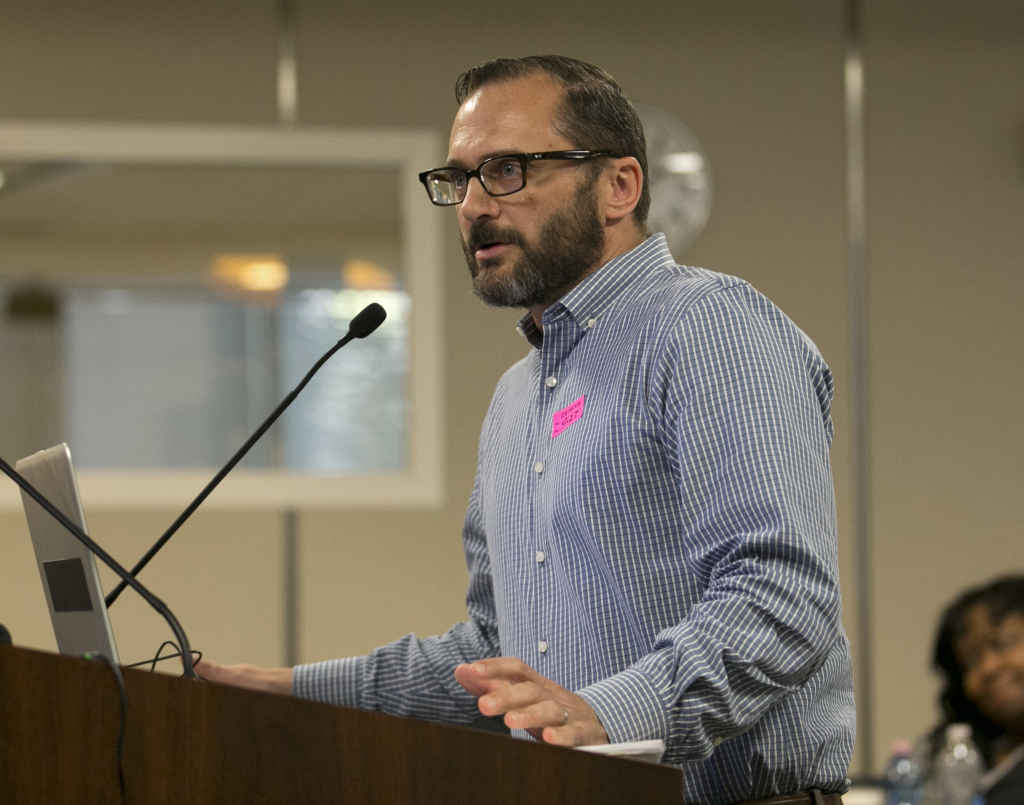 Don Romesburg, of the Committee on LGBT History, joined others in calling for members of a state commission to reject several textbooks up for consideration saying they don't include enough information about the contributions of LGBT Americans, Wednesday, Sept. 27, 2017, in Sacramento, California.