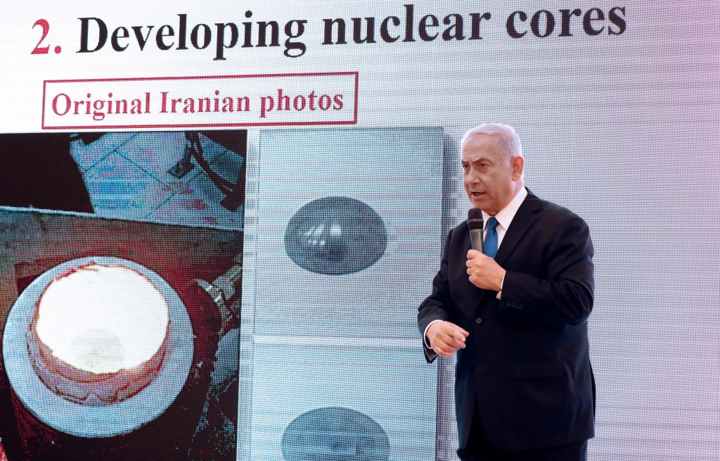 ISRAEL-NETANYAHU-IRAN-NUCLEAR Israeli Prime Minister Benjamin Netanyahu delivers a speech on Iran's nuclear program at the defense ministry in Tel Aviv on April 30, 2018. - Netanyahu said that he had proof of a