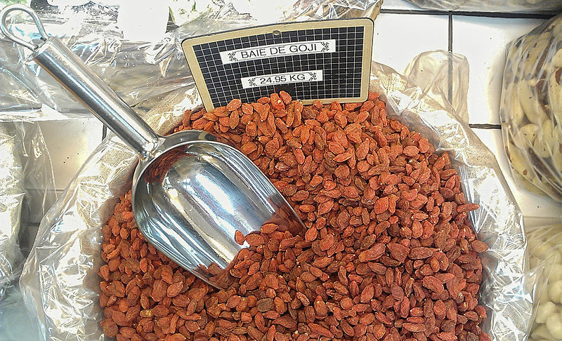 Goji Berries Dried goji berries on sale in a market in France.