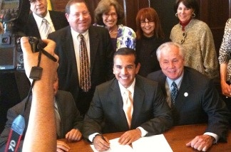 Los Angeles mayor Antonio Villaraigosa signs the so-called Hillside Mansionization Ordinance on April 6, 2011, at City Hall.