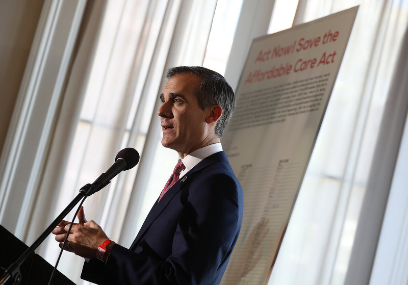 gettyimages-643900306_custom-1426e7db8bf989029bc727dfeb6621bedab99b9e-s800-c85.jpg Los Angeles Mayor Eric Garcetti speaks during a town hall on the Affordable Care Act in Los Angeles on Feb. 22. Garcetti said he's trying to quell fears stoked in the city's immigrant communities by President Trump's calls for more cooperation between local law enforcement and federal immigration authorities.