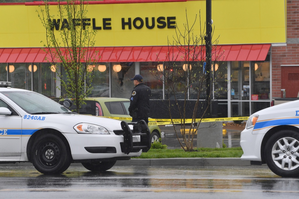 Four Killed, Two Wounded In Shooting At Nashville Area Waffle House Law enforcement officers stand outside a Waffle House in Nashville, Tennessee where four people were killed and two were wounded after a gunman opened fire with an assault weapon on April 22, 2018.