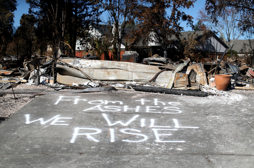 Structures Destroyed By California Wine Country Wildfires Rises To 8400 A message is written on driveway of a Coffey Park home that was destroyed by the Tubbs Fire on October 23, 2017 in Santa Rosa, California.