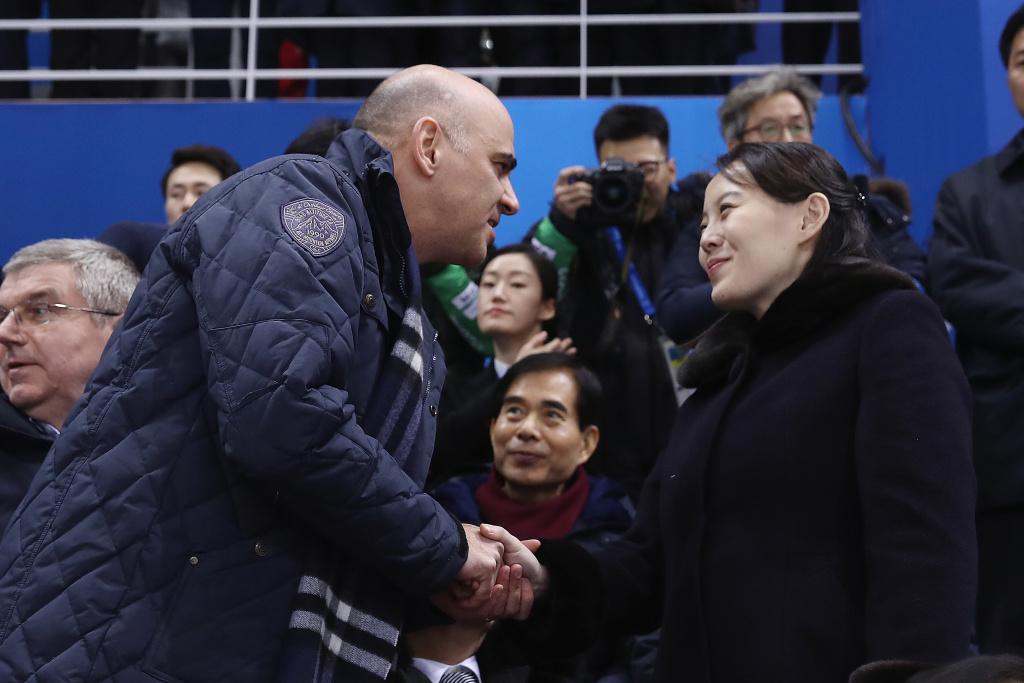 Ice Hockey - Winter Olympics Day 1 Swiss President Alain Berset shakes hands with Kim Yo-jong, sister of North Korean leader Kim Jong-un, during the Women's Ice Hockey game between Switzerland and Korea on day one of the PyeongChang 2018 Winter Olympic Games on February 10, 2018.