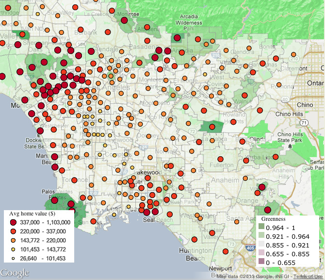 Greenness A new project lead by environmental historian Jon Christensen maps out the greenness of cities around the country and compares that with data about wealth, crime, infrastructure.