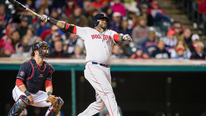 Baseball's 2016 opening day David Ortiz of the Boston Red Sox hits a two-run home run during the fourth inning against the Cleveland Indians at Progressive Field on Oct. 2, 2015. in Cleveland.