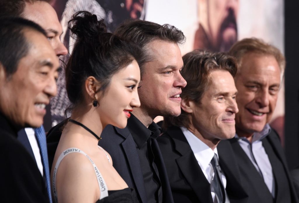 Premiere Of Universal Pictures' (L-R) Director Zhang Yimou, producer Thomas Tull, actors Jing Tian, Matt Damon, and Willem Dafoe, and producer Charles Roven attend the premiere of Universal Pictures'