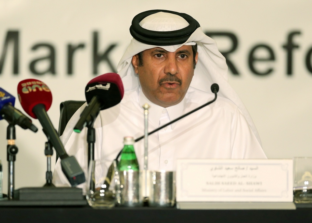 QATAR-LABOUR Saleh Said al-Shawi Ministery, labour relations department manager at the Qatari ministry of labour and social affairs, addresses during a press conference to announce the modifications in Labors' status in Qatar in Doha on May 14, 2014 . Qatar, which will host the 2022 football World Cup, said it will abolish its controversial sponsorship system, exist in most Gulf countries, for foreign workers as international criticism mounts over their treatment. Foreign employment will be replaced with a system based on employment contracts.