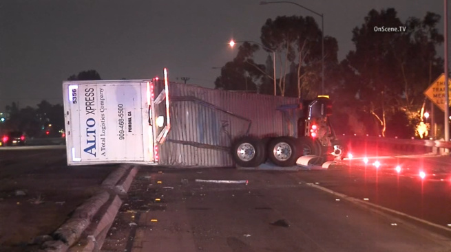 The CHP says a truck driver suffered minor injuries in a single-vehicle crash early Thursday on the collector road from westbound Interstate 10 to Interstate 110.