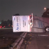 The CHP says a truck driver suffered minor injuries in a single-vehicle crash early Thursday on the collector road from westbound Interstate 10 to Interstate 110.
