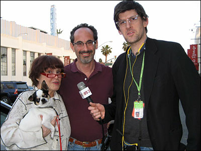 Mercer 5167 Ruth Price, owner of The Jazz Bakery; Scott Malsin, mayor of Culver City; and KPCC's John Rabe. The dog is Pork Chop, a rescue from Taiwan who is deaf, and so, alas, can't hear jazz.