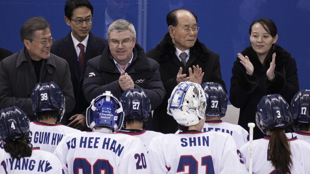 South Korean President Moon Jae-in South Korean President Moon Jae-in, IOC president Thomas Bach, North Korea's nominal head of state Kim Yong Nam and Kim Yo Jong greet players from the combined Koreas women's ice hockey team at the 2018 Winter Olympics in Pyeongchang, South Korea.