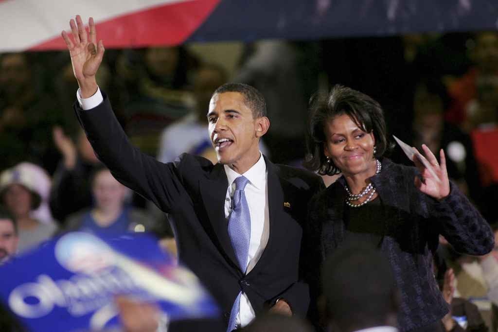 Barack Obama Announces Run For President U.S. President Barack Obama and First Lady Michelle wave to a crowd February 10, 2007, back when he first announced that he would seek the Democratic nomination for presidency. In a new book,