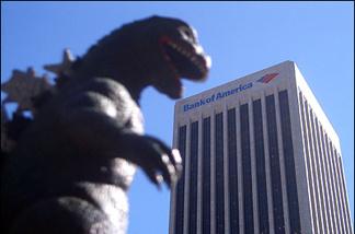 Mercer 7417 Godzilla eschews Hollywood's red carpet, deciding instead to make a withdrawal from his downtown bank account.