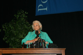Retired United States Supreme Court Justice Sandra Day O'Connor listens to a question from a student after her talk at Pomona College, Tuesday, March 30, 2010.