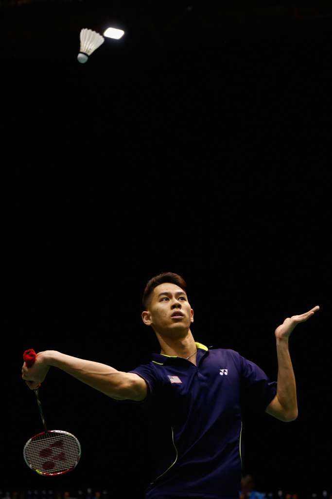 2015 Badminton Open Howard Shu of the USA plays a return to Shesar Hiren Rhustavito of Indonesia during their mens singles match in the 2015 Badminton Open at the North Shore Events Centre on April 29, 2015 in Auckland, New Zealand.