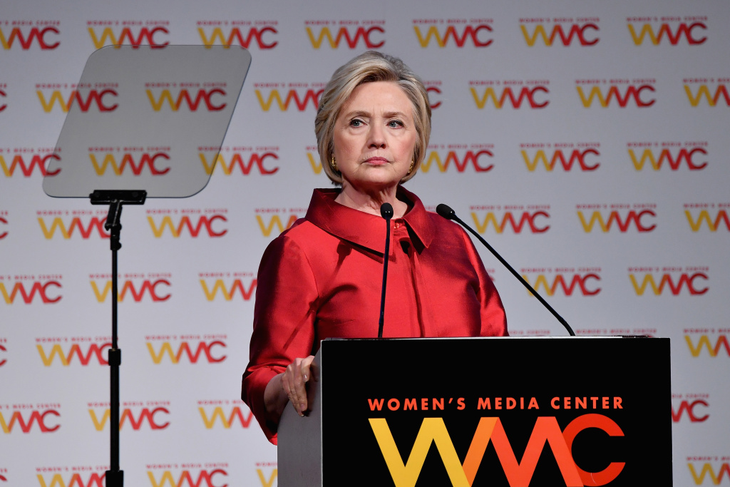 Women's Media Center 2017 Women's Media Awards - Inside Hillary Rodham Clinton accepts an award onstage at the 2017 Women's Media Awards at Capitale on October 26, 2017 in New York City.