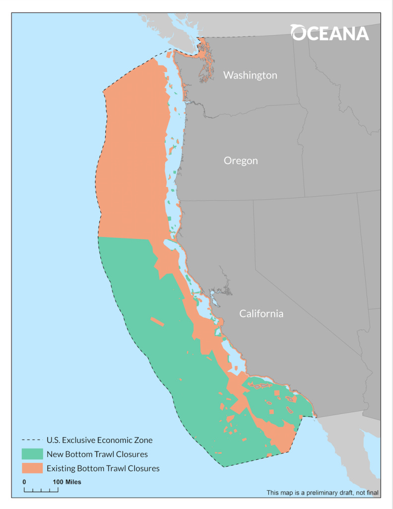 The Pacific Fishery Management Council voted to protect a huge swath of ocean off the California coast from bottom-trawl fishing on April 9, 2018. The new protected area is in green. Areas previously protected are in orange. The Pacific Fishery Management Council voted to protect a huge swath of ocean off the California coast from bottom-trawl fishing on April 9, 2018. The new protected area is in green. Areas previously protected are in orange.