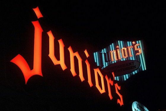 Junior's Deli The sign for Junior's Deli in Westwood, Calif. lit up at night.