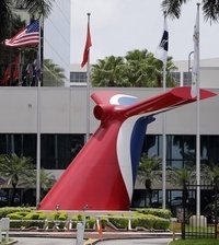 Carnival Cruise Lines' main entrance of their office building in Miami. Carnival says it would become the first American cruise company to visit the Caribbean island nation since the 1960 trade embargo.