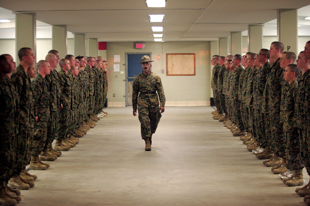 Marine Recruits Endure Basic Training On Parris Island United States Marine Corps senior drill instructor Staff Sergeant Hugo Cherena (C) of Waterbury, Connecticut addresses his recruits during boot camp March 7, 2007 at Parris Island, South Carolina. The Department of Defense has asked Congress to increase the size of the Marine Corps by 27,000 troops and the Army by 65,000 over the next five years.