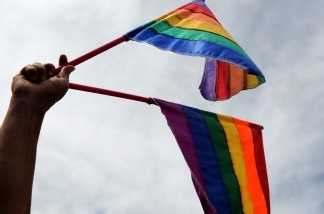 Mercer 19781 Waving the pride flag as schools prepare to teach gay history in California. Budget cuts mean this could be delayed.