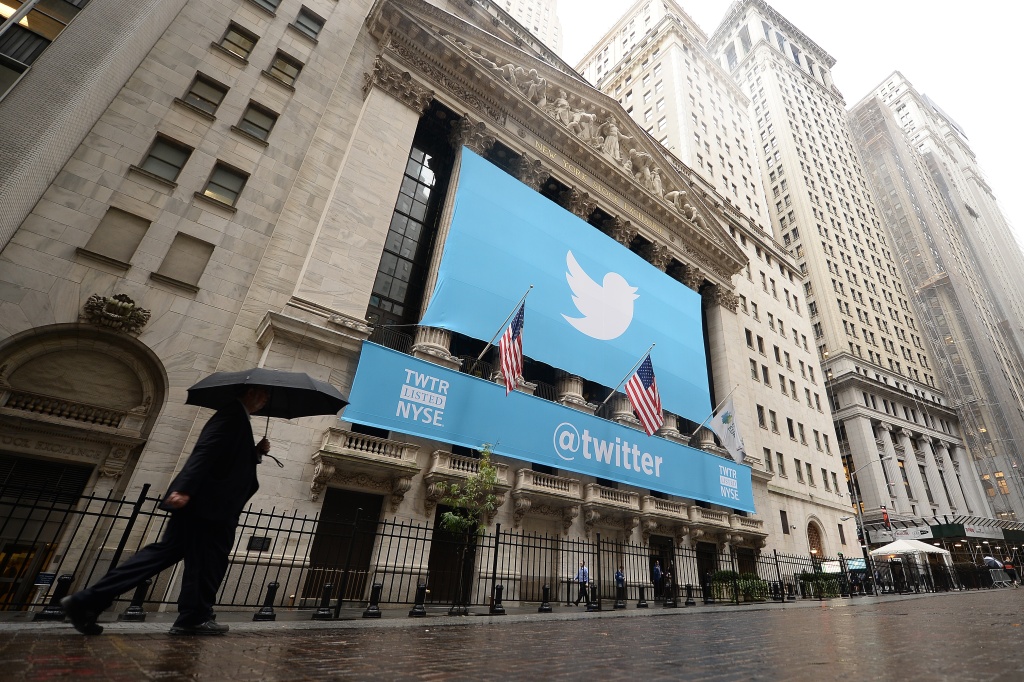 US-INTERNET-TWITTER A banner with the logo of Twitter is set on the front of the New York Stock Exchange (NYSE) on November 7, 2013 in New York. Twitter hit Wall Street with a bang on Thursday, as an investor frenzy quickly sent shares surging after the public share offering for the fast-growing social network. In the first exchanges, Twitter vaulted 80.7 percent to $47, a day after the initial public offering (IPO) at $26 per share. While some analysts cautioned about the fast-changing nature of social media, the debut led to a stampede for Twitter shares.