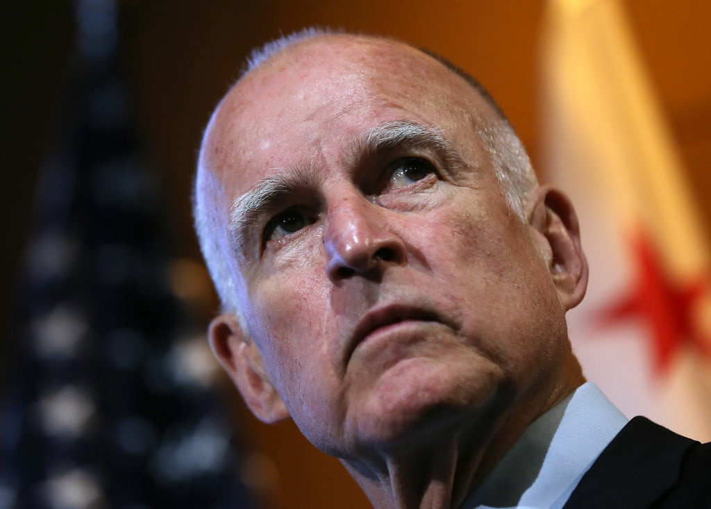 California Gov. Jerry Brown looks on during a news conference at Google headquarters on September 25, 2012 in Mountain View, California.