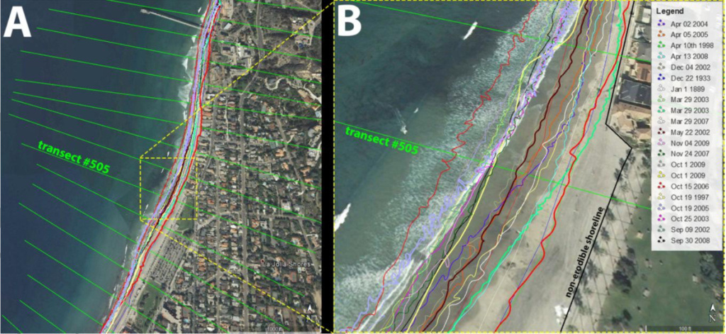 Coastal erosion An example of the shoreline data for La Jolla Shores in San Diego County, used in the CoSMoS COAST model. The many squiggly colored lines indicate the changing location of the shoreline through time.