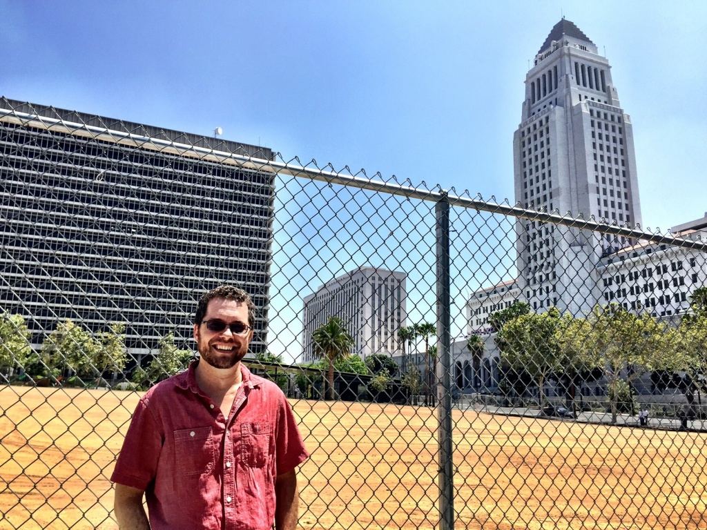 Robert Petersen, host of The Hidden History of Los Angeles podcast, at First and Spring in downtown Los Angeles — a very historic vacant lot. Robert Petersen, host of The Hidden History of Los Angeles podcast, at First and Spring in downtown Los Angeles — a very historic vacant lot.