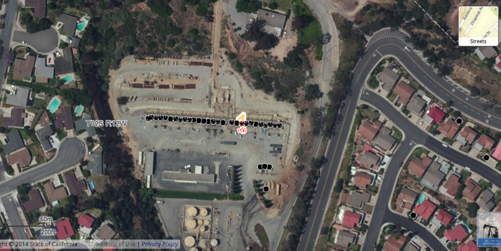 Aerial view of Montebello gas field The line of dots indicate gas storage and oil extraction wells on the grounds of the Montebello Natural Gas Storage Facility in Montebello.