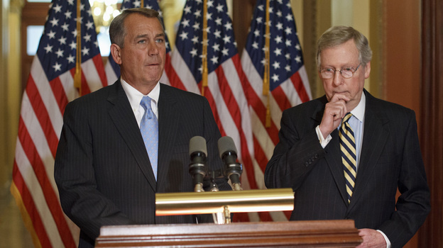 House Speaker John Boehner, R-Ohio, (left) with Senate Minority Leader Mitch McConnell, R-Ky., on Capitol Hill on Feb. 29. Republicans on Capitol Hill have been quick to criticize the president for bypassing Congress with his immigration action, but they've been unusually silent on the policy itself.