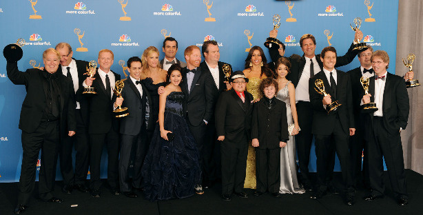 Cast and crew of 'Modern Family', winners of the Outstanding Comedy Series Award pose in the press room at the 62nd Annual Primetime Emmy Awards held at the JW Marriott Los Angeles at L.A. Live on August 29, 2010 in Los Angeles, California.