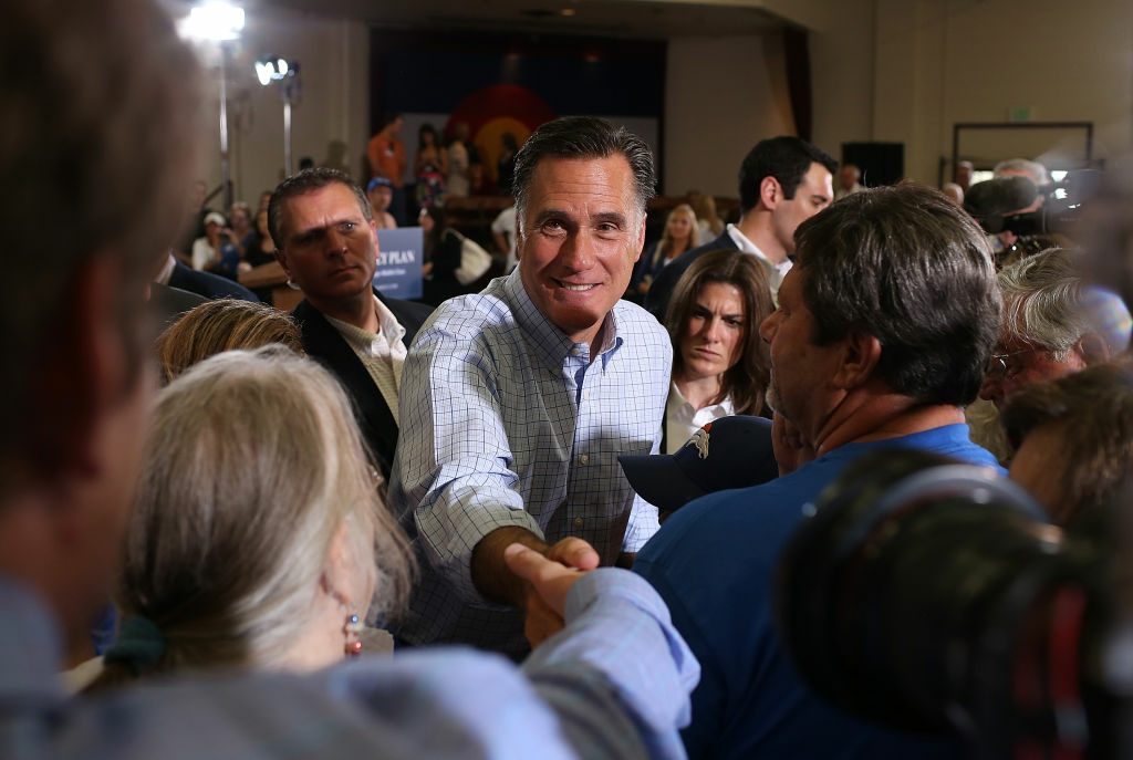 Mitt Romney Campaigns In Colorado Republican presidential candidate and former Massachusetts Gov. Mitt Romney greets supporters during a campaign event at the Jefferson County Fairgrounds on August 2, 2012 in Golden, Colorado.