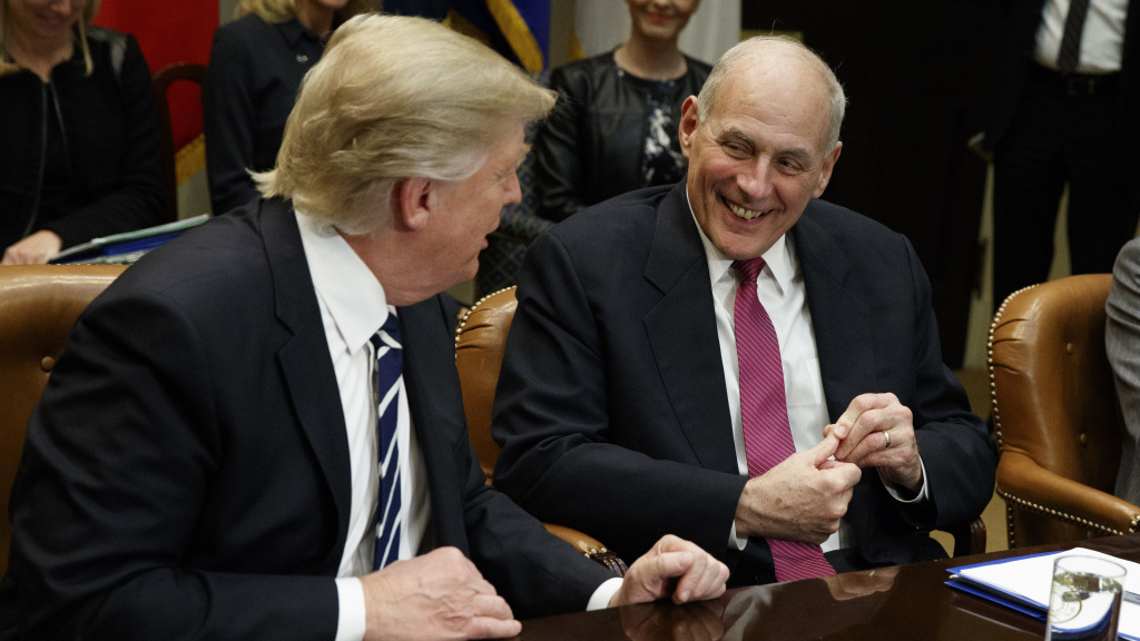 President Trump talks with retired Marine Gen. John Kelly during a meeting at the White House in January. Trump announced Friday evening that he was naming Kelly to be his new chief of staff. President Trump talks with his chief of staff, retired Marine Gen. John Kelly, during a meeting at the White House in January 2017.