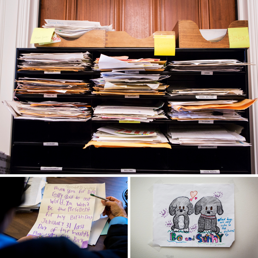 In a small room in the Eisenhower Executive Office Building, mail from children is read, sorted into categories and answered by staff â except for the few that are sent every week to President Obama. The letters are eventually stored at the National Arc In a small room in the Eisenhower Executive Office Building, mail from children is read, sorted into categories and answered by staff â except for the few that are sent every week to President Obama. The letters are eventually stored at the National Archives and will later find a home in the president's library.