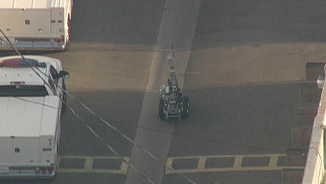 Los Angeles police responded to the odor of marijuana wafting from the open door of a Van Nuys warehouse on Tuesday, Aug. 21, 2012. A robot was sent to check the premises after reports that the business was possibly booby trapped.