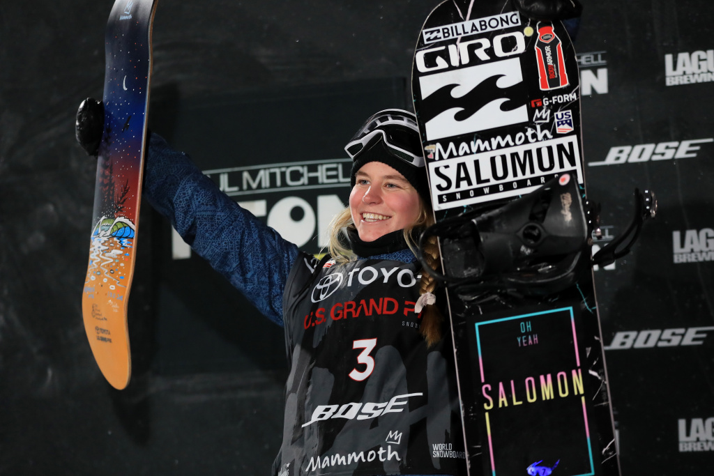 2018 Visa U.S. Freeskiing Grand Prix Maddie Mastro reacts on the podium after placing third in the final round of the Ladies' Snowboard Halfpipe during the Toyota U.S. Grand Prix on January 20, 2018 in Mammoth, California.