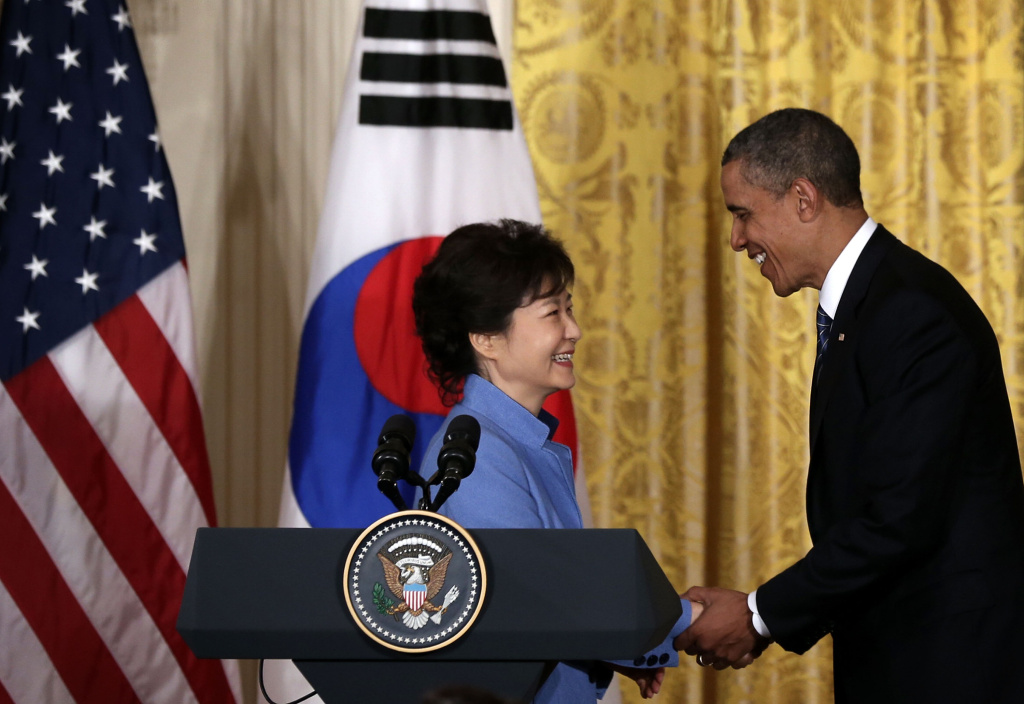 President Obama And South Korean President Park Geun-Hye Hold News Conference U.S. President Barack Obama (R) shakes hands with South Korean President Park Geun-hye (L) during a news conference at the East Room of the White House May 7, 2013 in Washington, DC. President Park, South Korea’s first female president, is on a visit in Washington and will address Congress tomorrow.