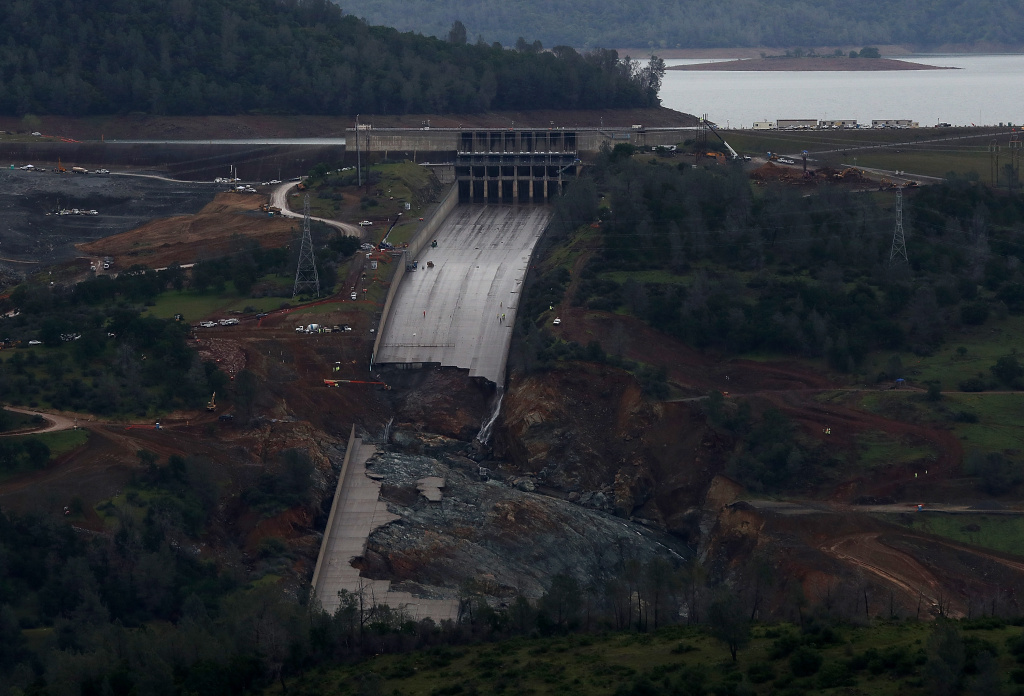 Then And Now: California's Drought Officially Declared To Be Over A view of of the heavily damaged spillway at Lake Oroville on April 11, 2017 in Oroville, California. After record rainfall and snow in the mountains, much of California's landscape has turned from brown to green and reservoirs across the state are near capacity. California Gov. Jerry Brown signed an executive order Friday to lift the State's drought emergency in all but four counties. The drought emergency had been in place since 2014.