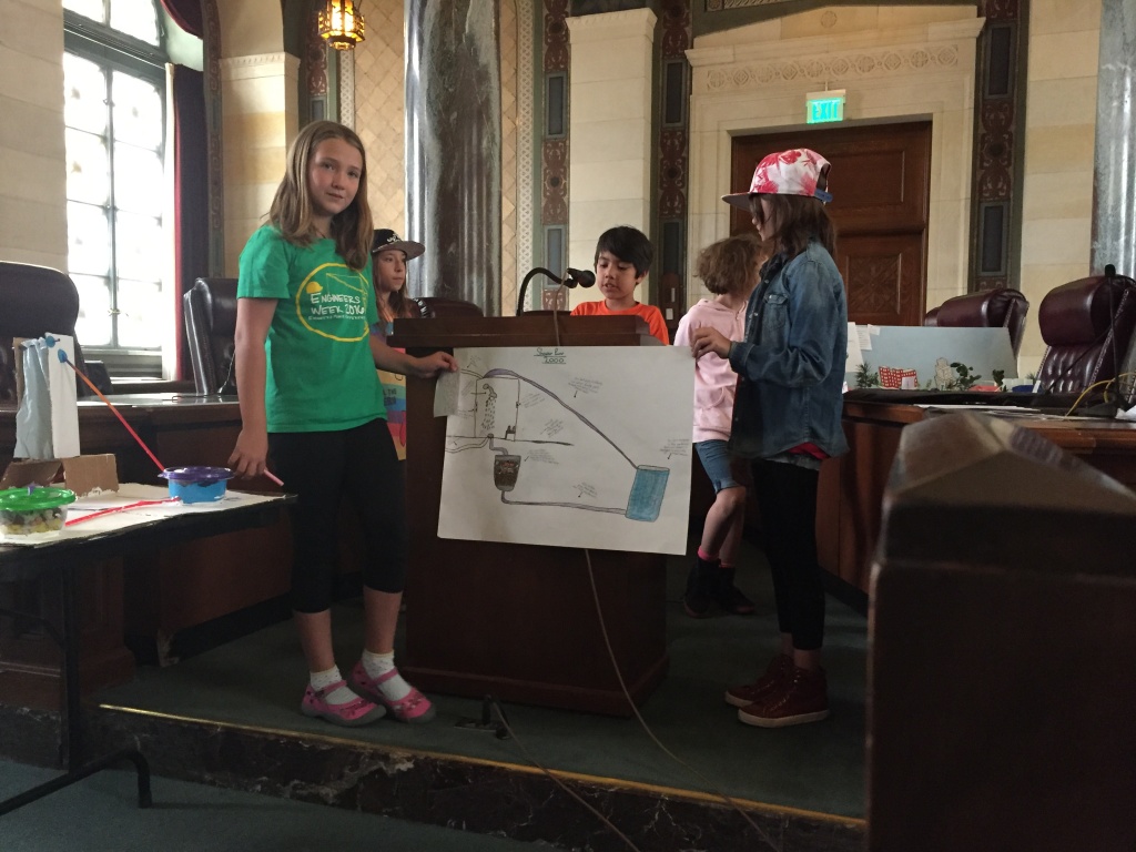Another group of fourth graders from Los Feliz Charter School for the Arts presents their system to gather waste water from showers and filter it for reuse. Another group of fourth graders from Los Feliz Charter School for the Arts presents their system to gather waste water from showers and filter it for reuse.