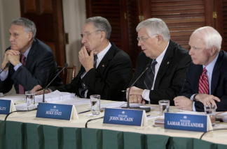 From left, Senate Minority Whip Jon Kyl of Ariz., Sen. Charles Grassley, R-Iowa, Sen. Michael Enzi, R-Wyo., and Sen. John McCain, R-Ariz., take part in the health care reform meeting at the Blair House in Washington, Thursday, Feb. 25, 2010.