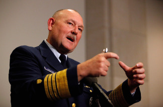 National Incident Commander Coast Guard Admiral Thad Allen talks to reporters after briefing members of the House and Senate on the Gulf Coast oil spill in the U.S. Capitol Visitors Center June 17, 2010 in Washington, DC.