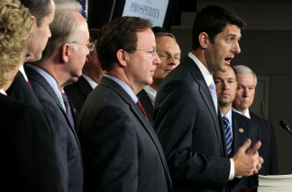 Mercer 16737 Flanked by other congressionial members, U.S. Rep. Paul Ryan (R-WI), chairman of the House Budget Committee, speaks during a news conference April 5, 2011 on Capitol Hill in Washington, DC. House Republicans have unveiled their version of the budget proposal for FY 2012 which would cut government spending $6.2 tillion more in 10 years than the version by the Obama Administration.