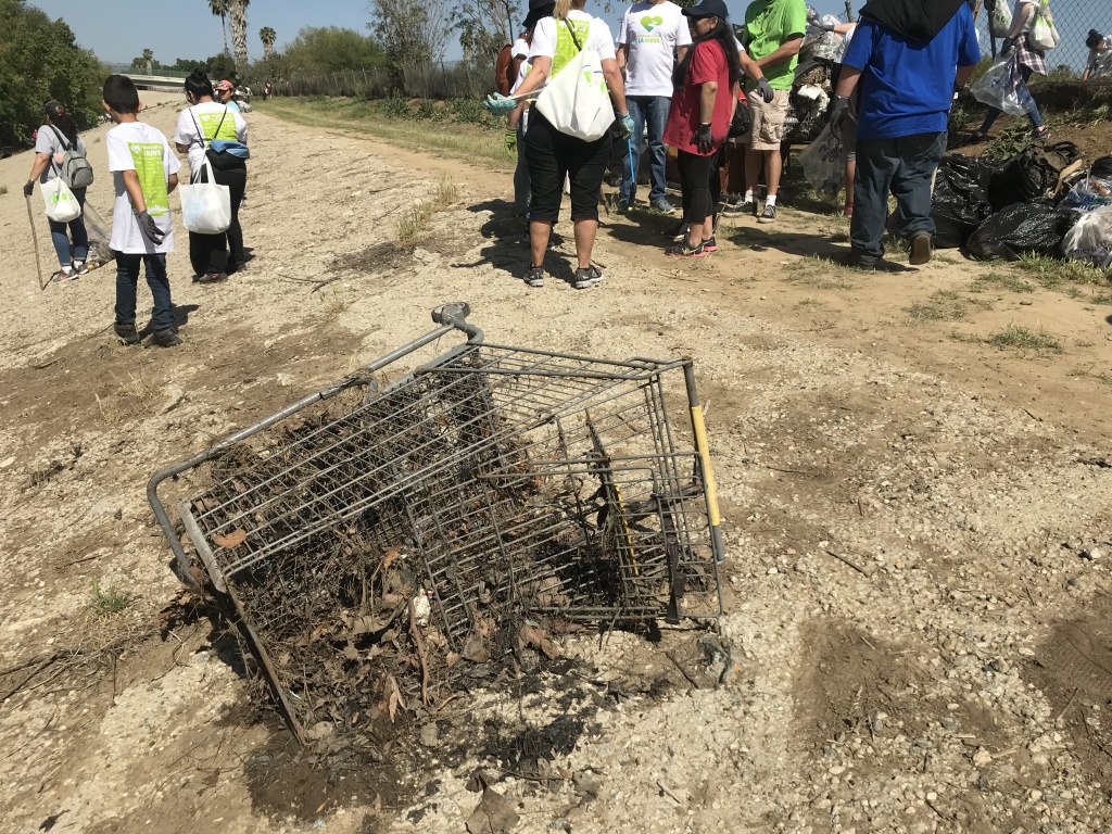 A shopping cart volunteers pulled from the river. These carts are one of the most common things volunteers find in the riverbank. Photo credit: Audrey Alden A shopping cart volunteers pulled from the river. These carts are one of the most common things volunteers find in the riverbank. Photo credit: Audrey Alden