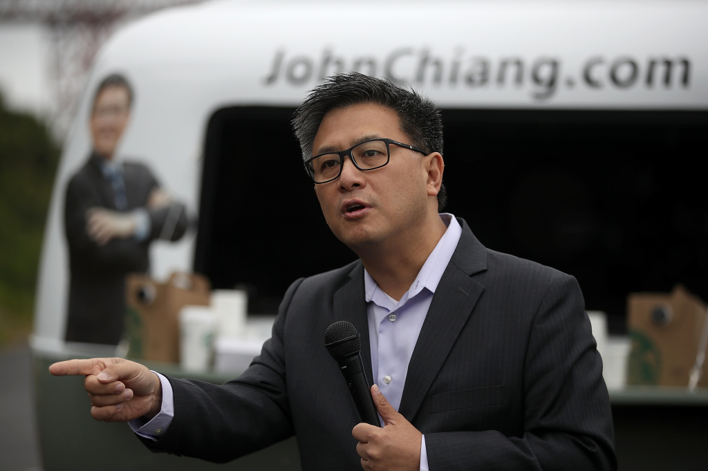 California Governor Candidate John Chiang Campaigns in San Francisco California Democratic gubernatorial candidate, California State Treasurer John Chiang, speaks during a campaign event near the Golden Gate Bridge on June 7, 2017 in San Francisco, California.
